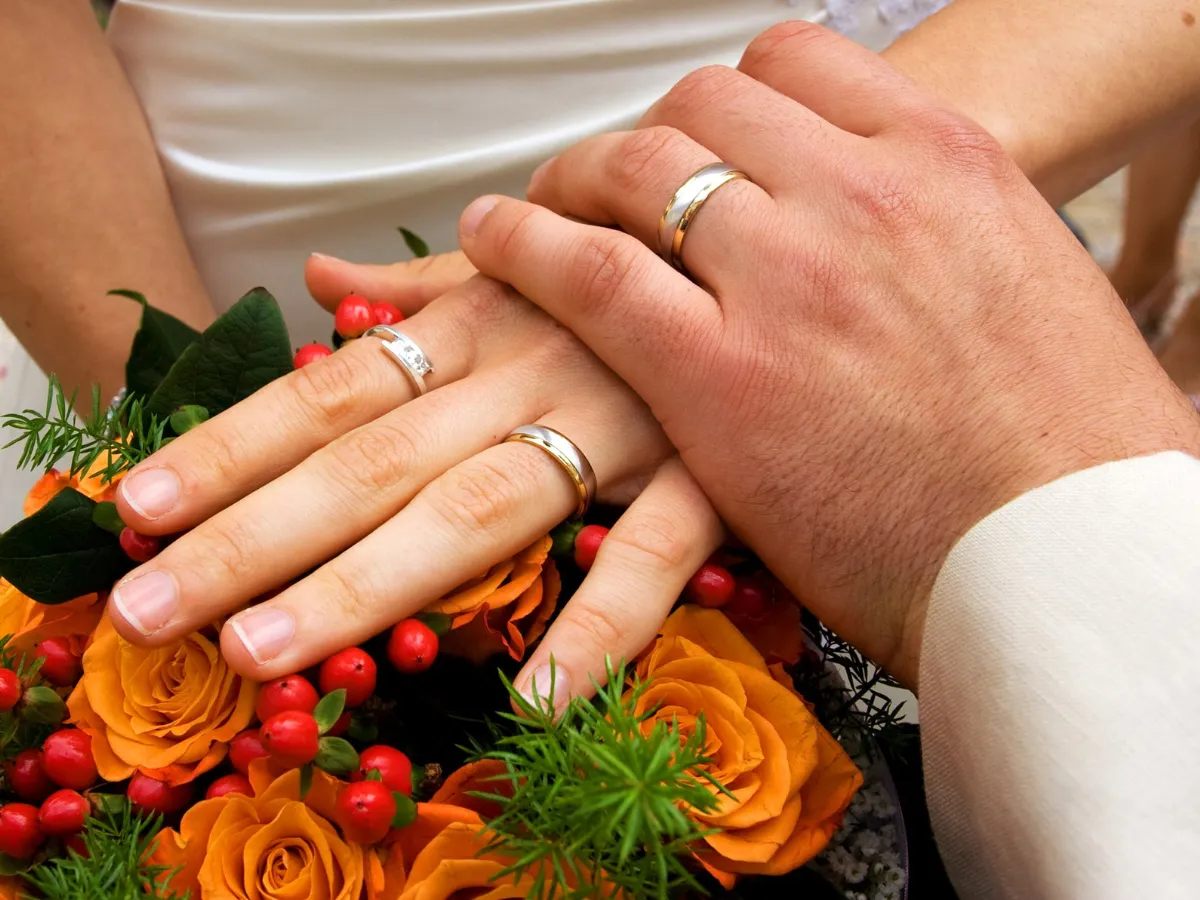 Close-up of hands with wedding bands