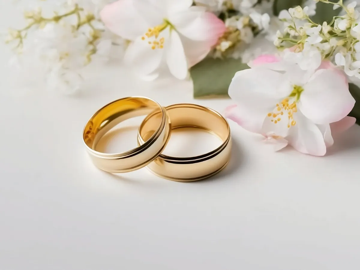 Wedding bands with flower decor display on table