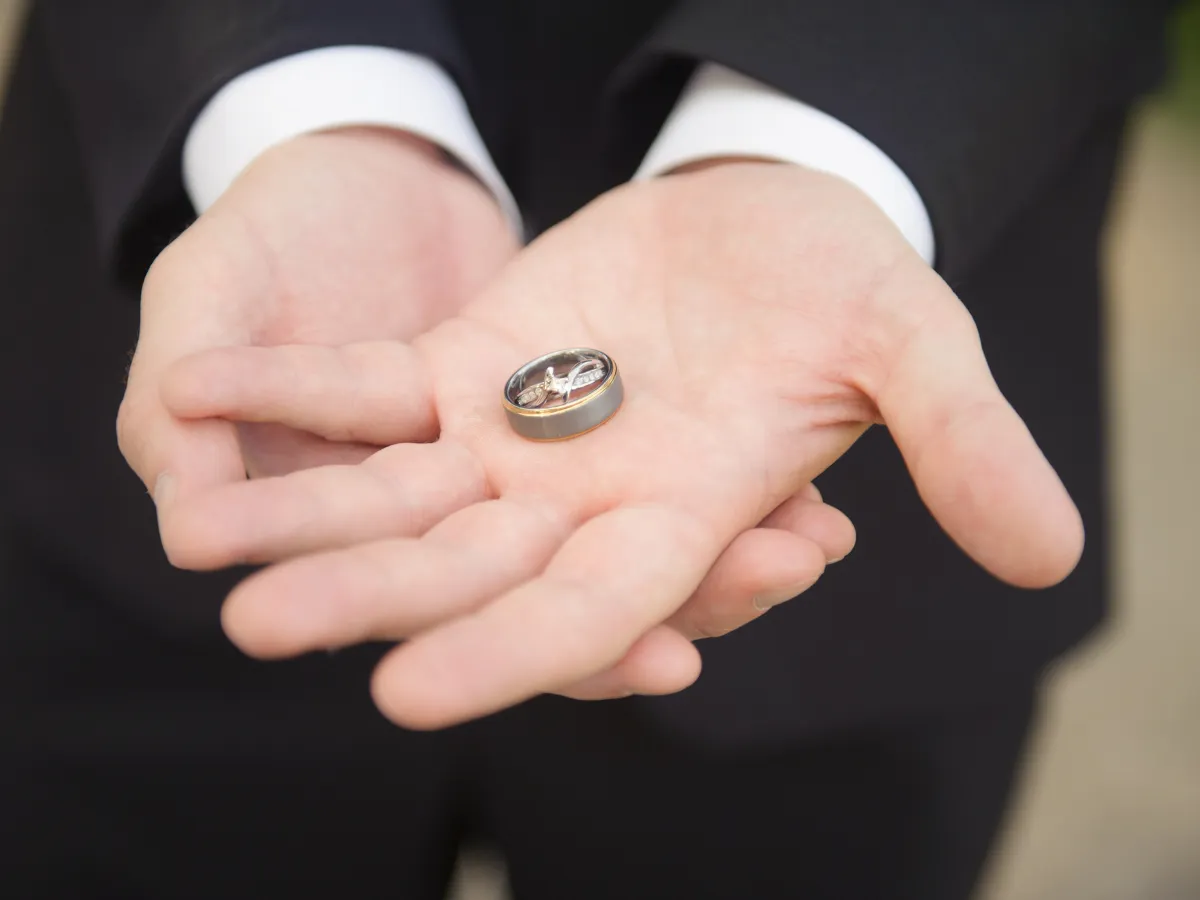 Close-up of man’s hand with wedding band