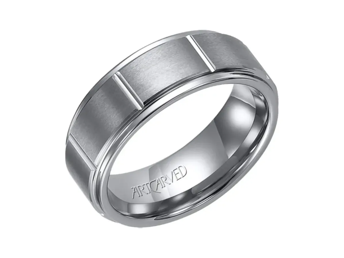 Brushed Tungsten Wedding Band with Grooved Design