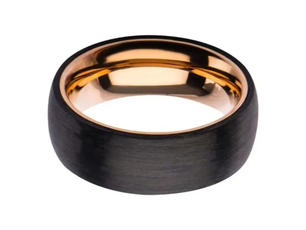 Black Tungsten Wedding Band with Rose Gold Interior