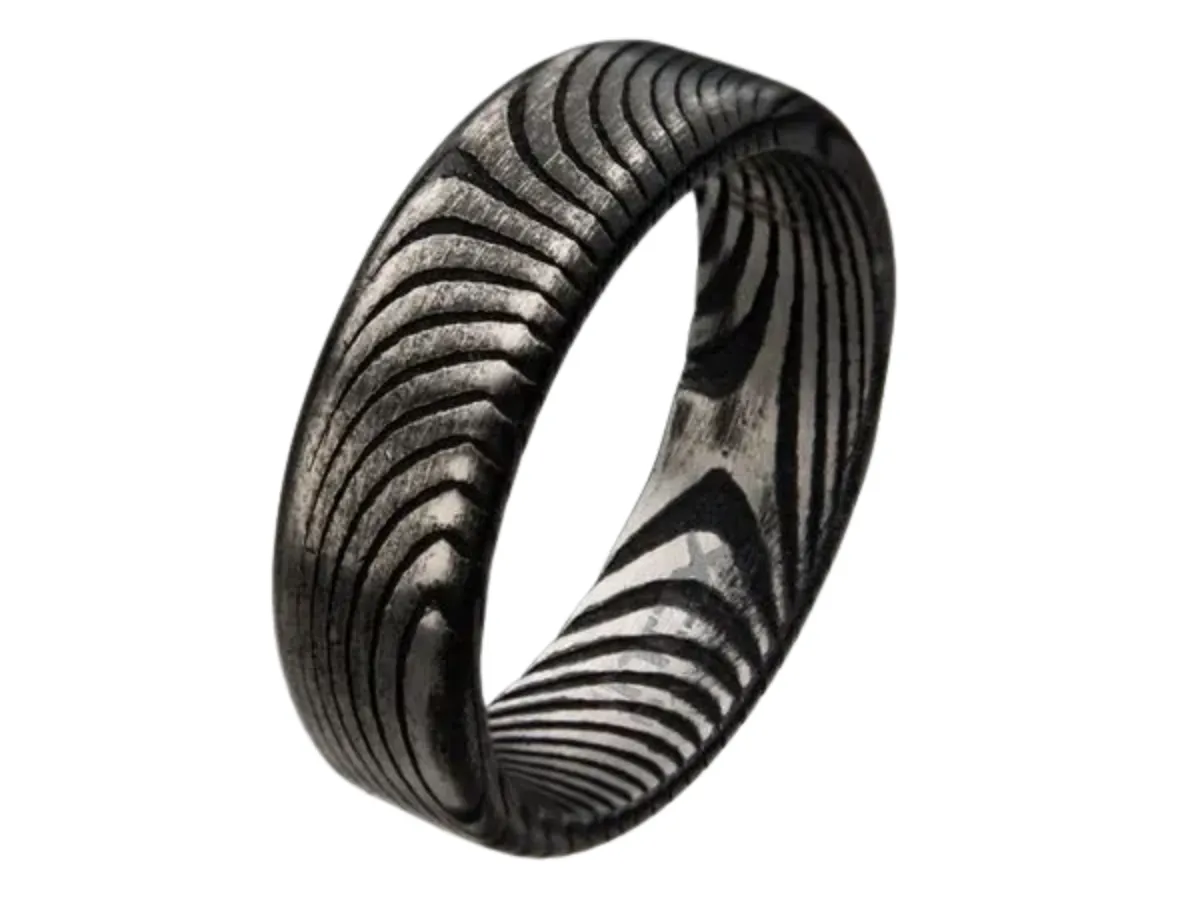 Black Damascus Steel Ring with Flowing Layered Design