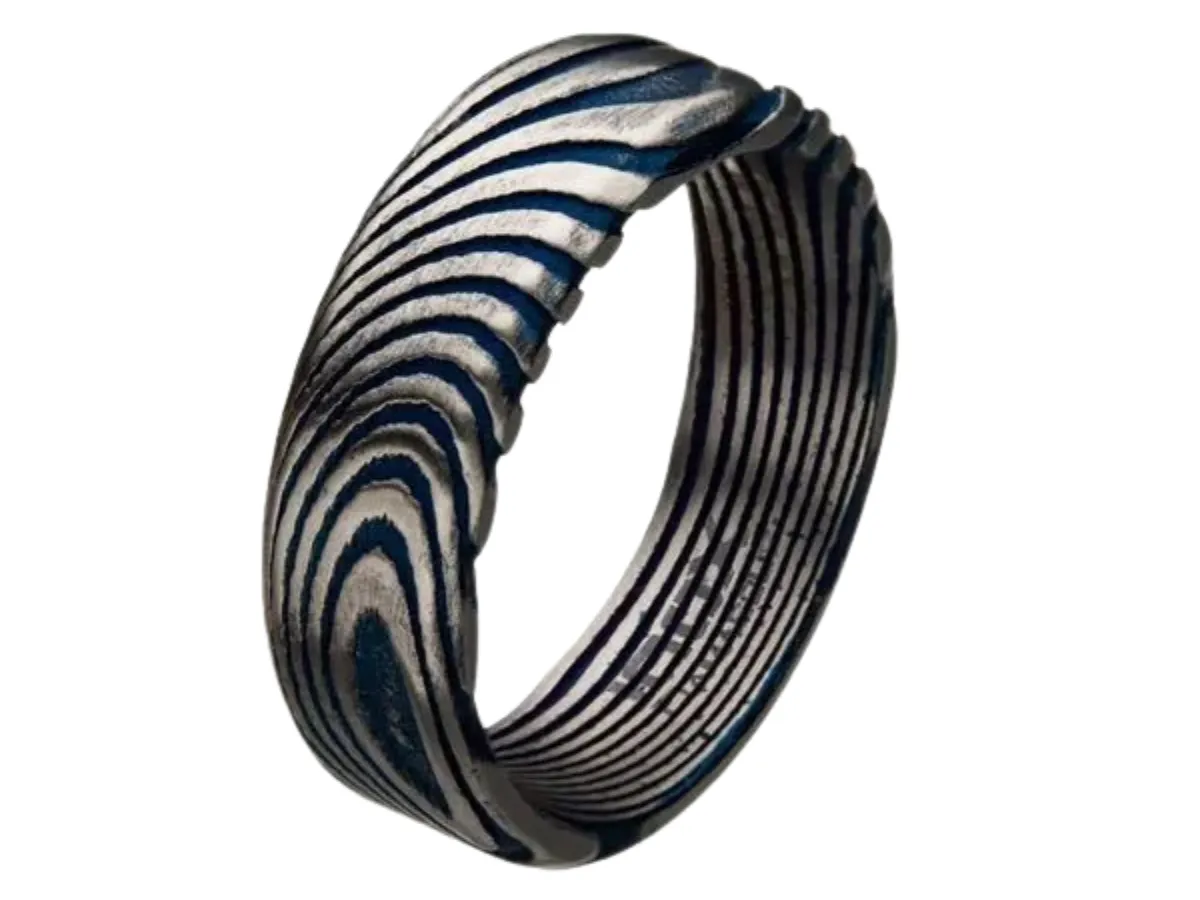 Blue Damascus Steel Ring with Woodgrain Pattern Detail