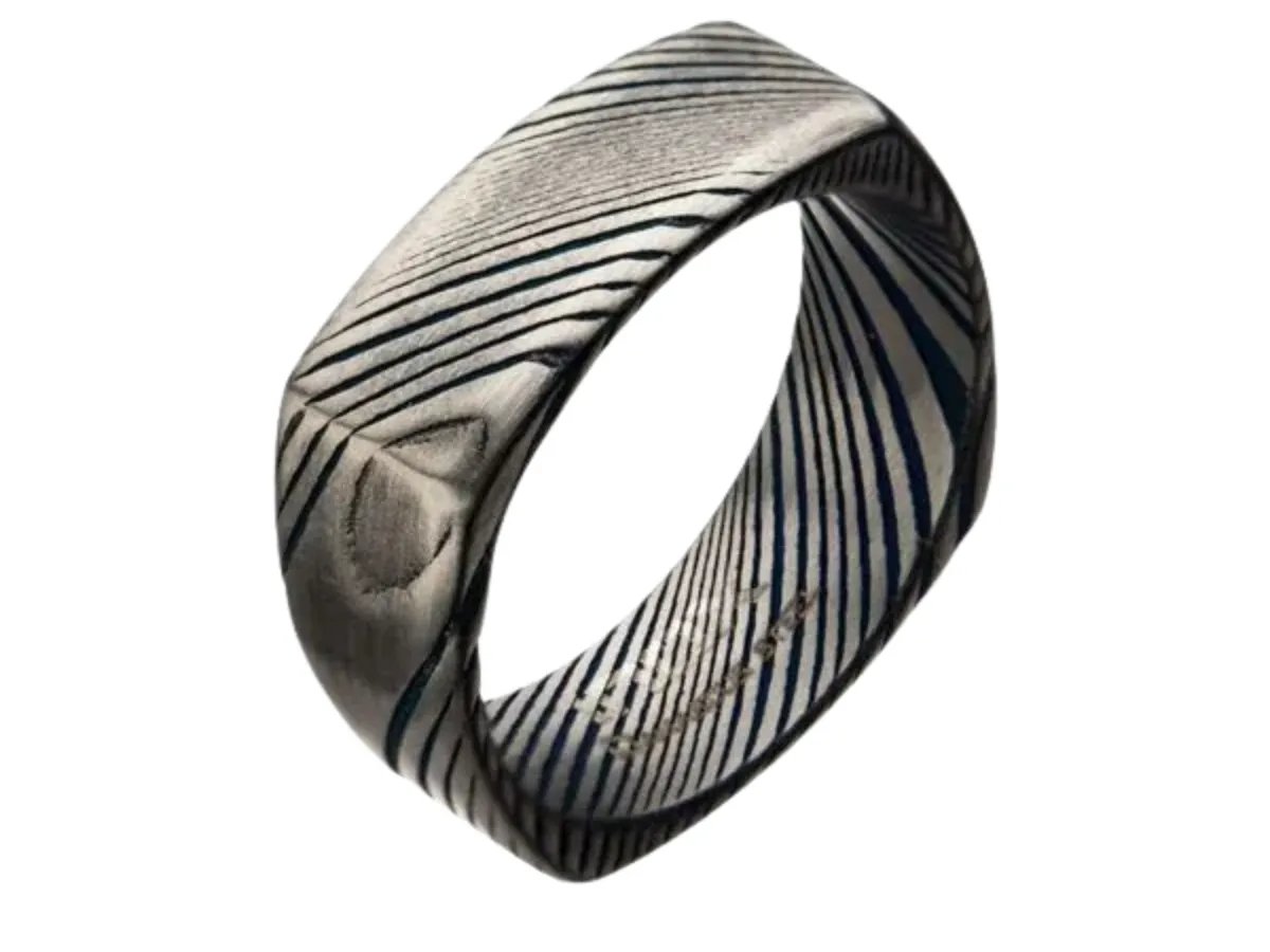 Brushed Damascus Steel Band with Angular Line Pattern