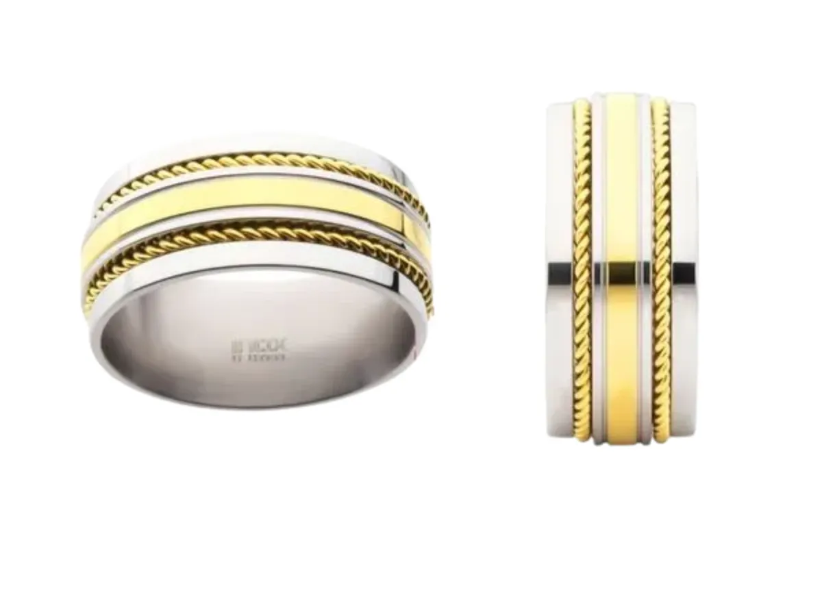 Two Tone Wedding Band with Gold Rope Edge Detail