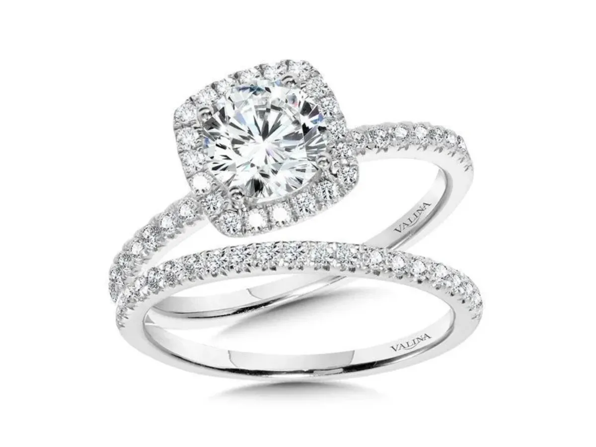 Cushion halo diamond bridal set in white gold