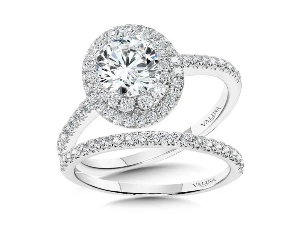 Round halo diamond bridal set with pavé band