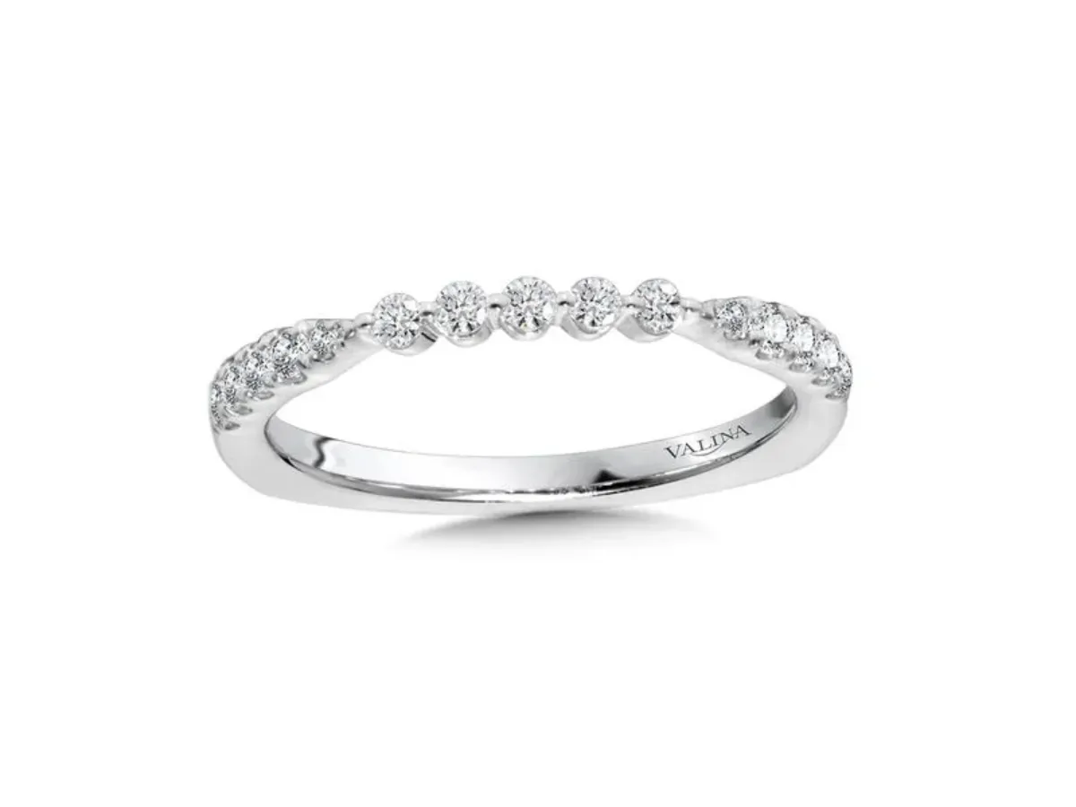 Curved diamond wedding band in polished white gold