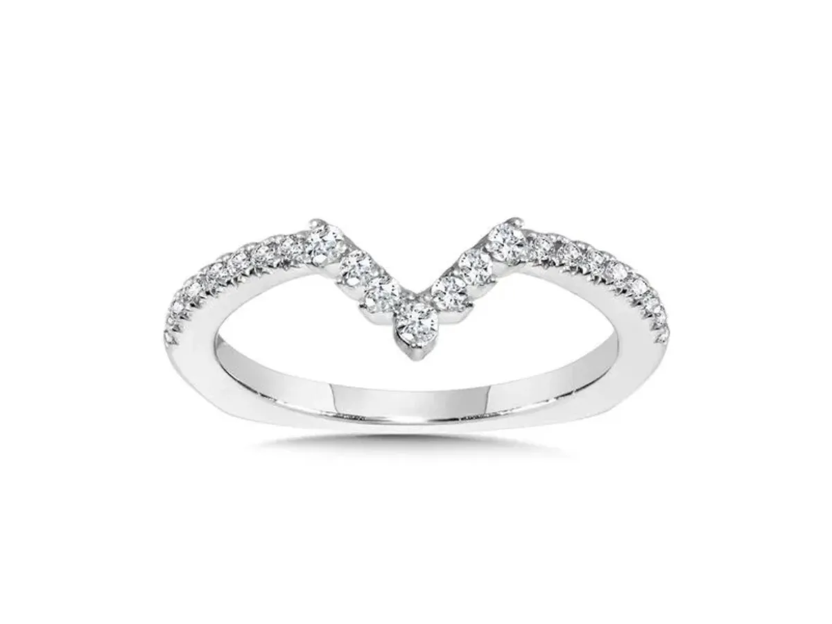 V-shaped diamond wedding band in polished white gold