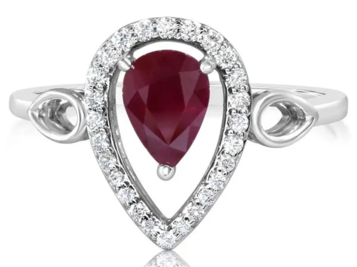 Pear Ruby Halo Ring with Diamond Accents in White Gold