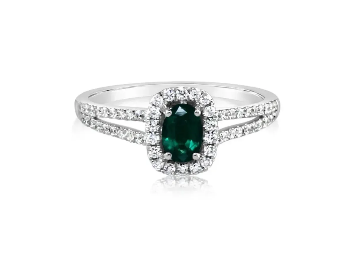 Oval Emerald Halo Ring with Split Diamond Band