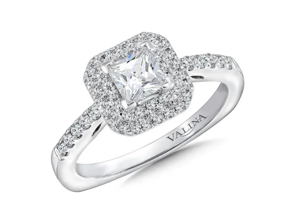 Princess cut halo diamond engagement ring in white gold