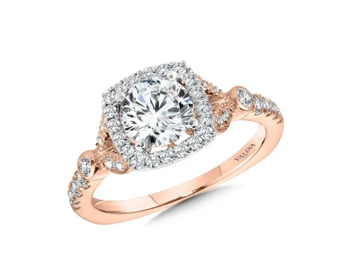 Rose gold cushion halo diamond engagement ring