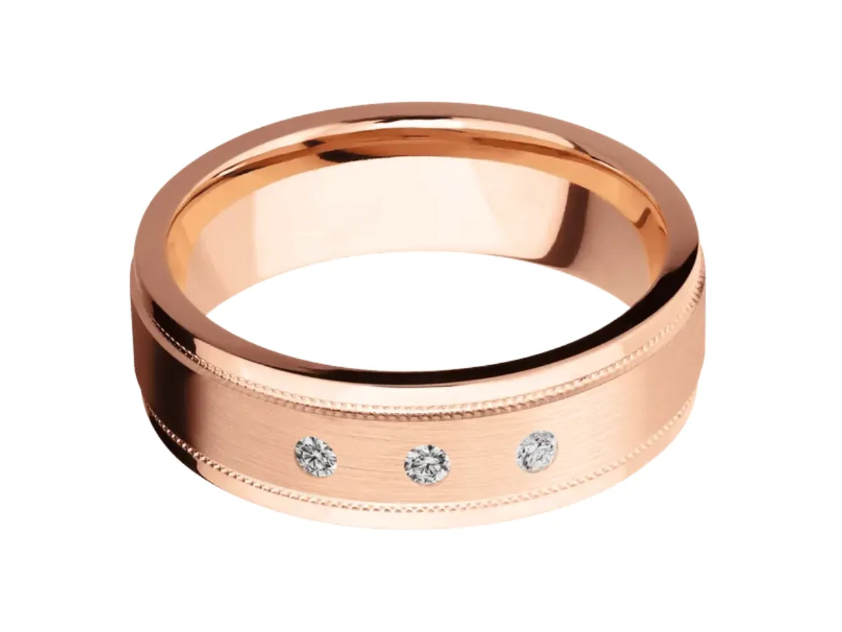 Rose gold men's diamond wedding band with milgrain