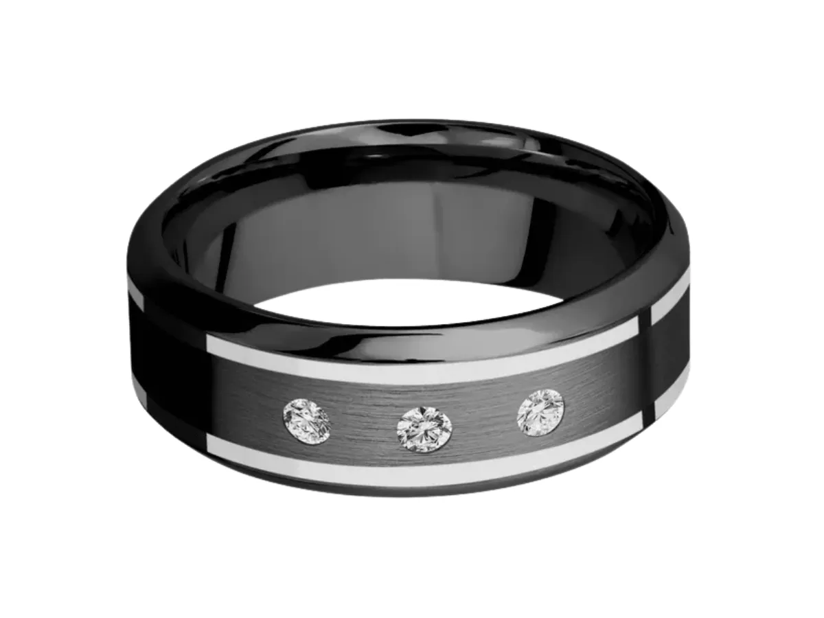 Black men's wedding band with three round diamonds