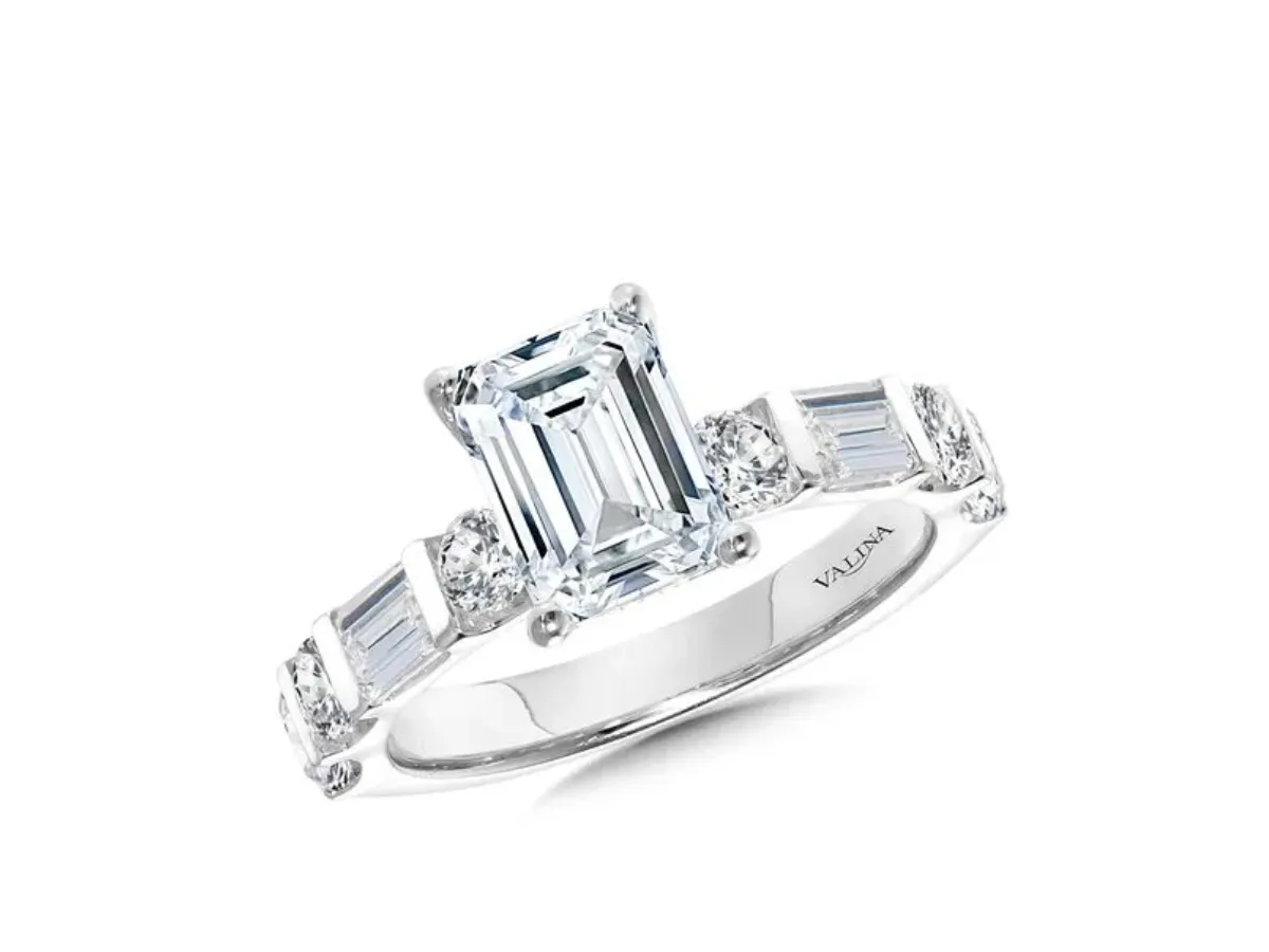 Emerald cut diamond ring with accent stones