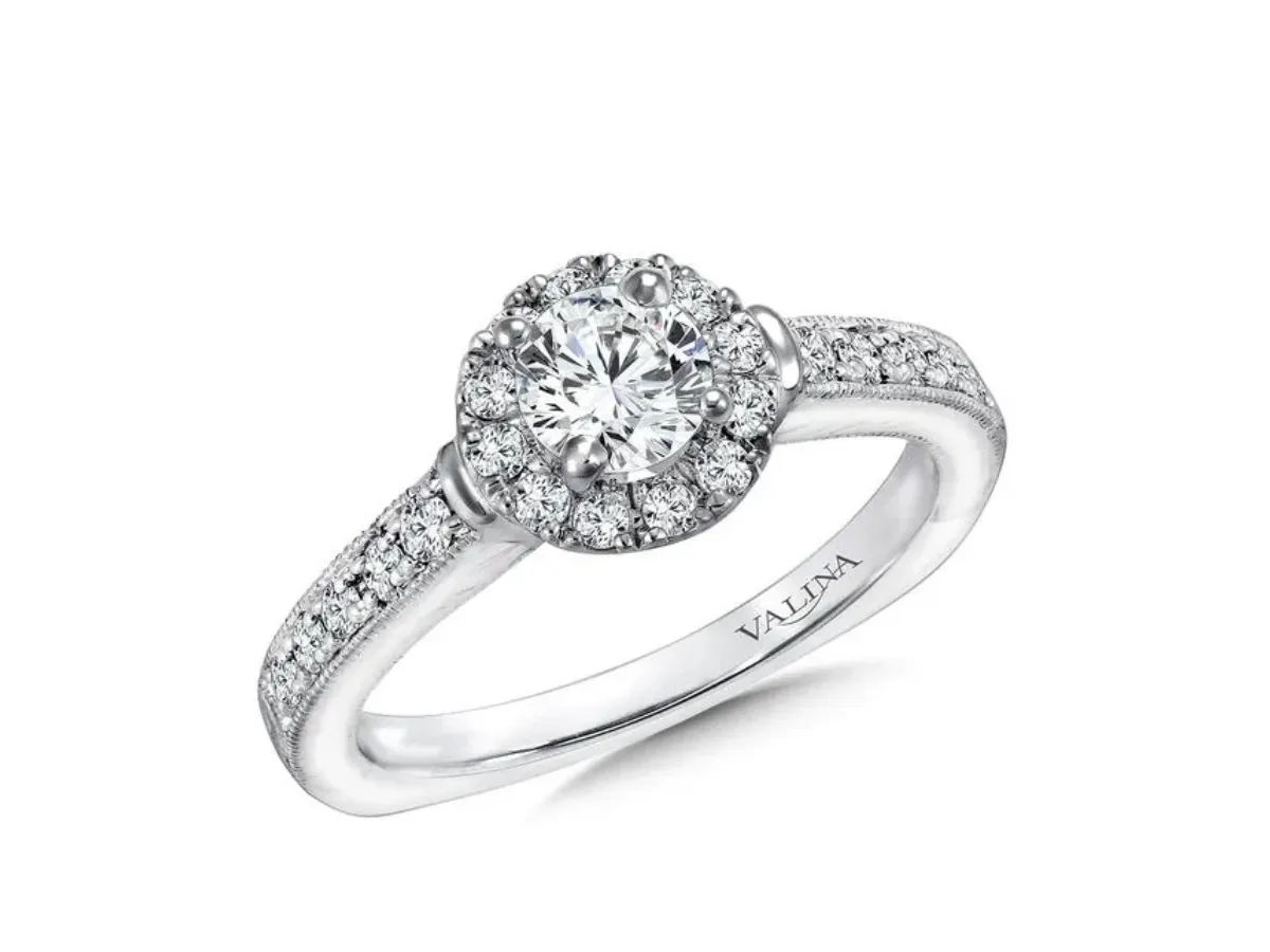Round halo diamond engagement ring with pavé band