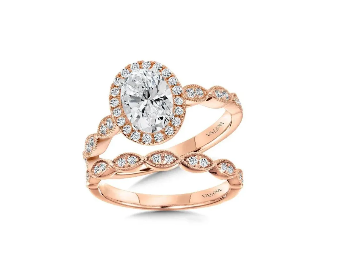Rose gold oval diamond ring with matching band set