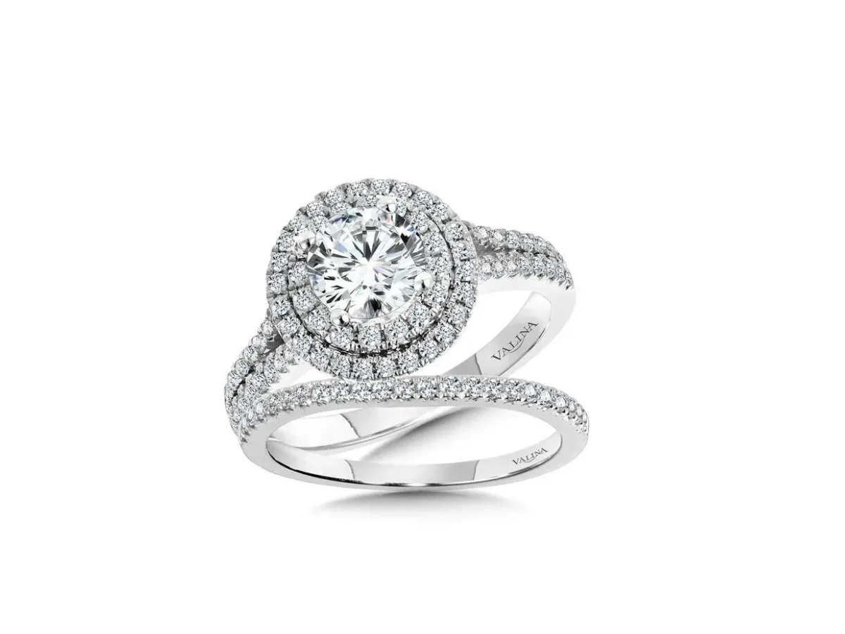 White gold double halo ring with matching band set