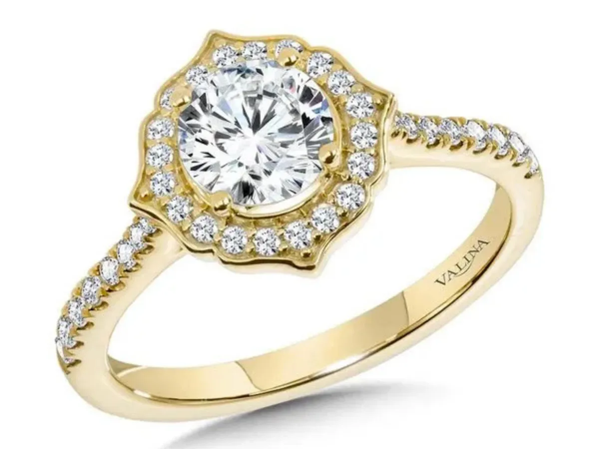 Yellow gold halo diamond engagement ring by Valina