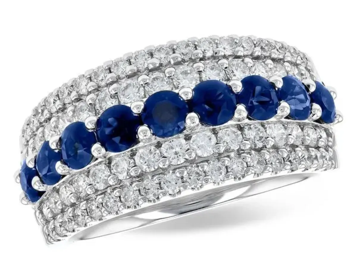 White gold sapphire and diamond multi row band ring