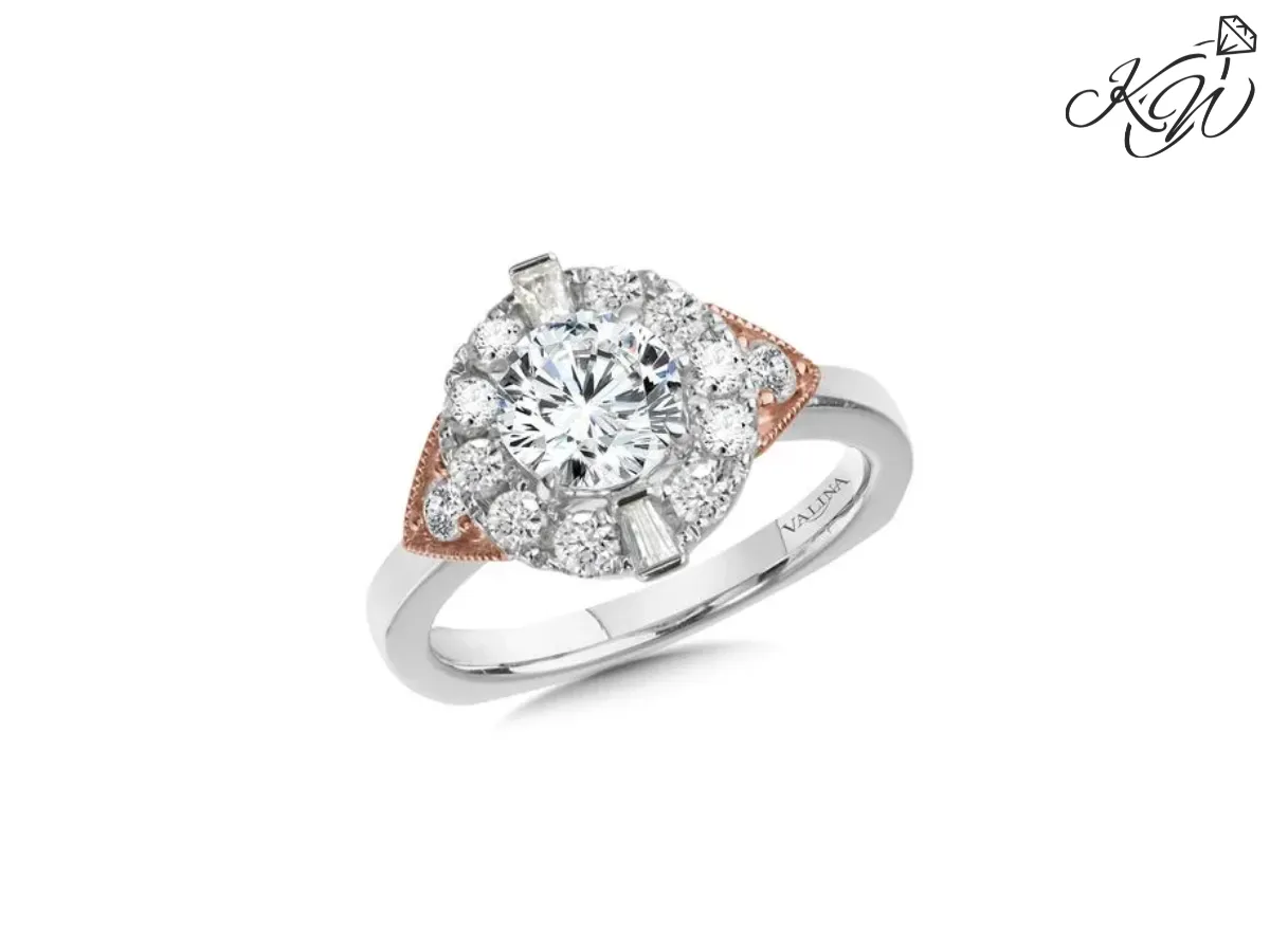 Two-Tone Diamond Halo Engagement Ring with Rose Gold Accents
