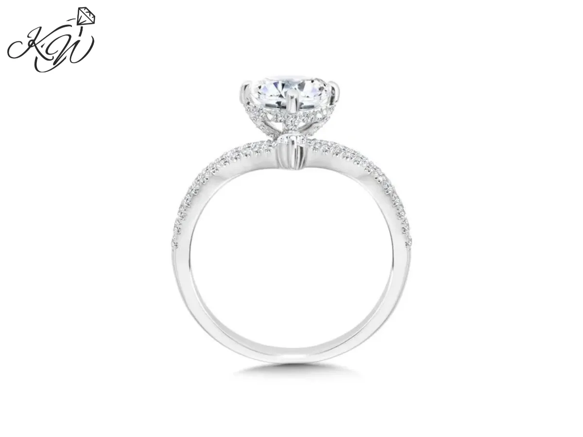Side view of white gold diamond engagement ring