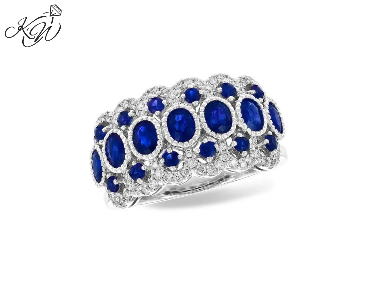 White gold ring with blue sapphires and diamonds beautifully