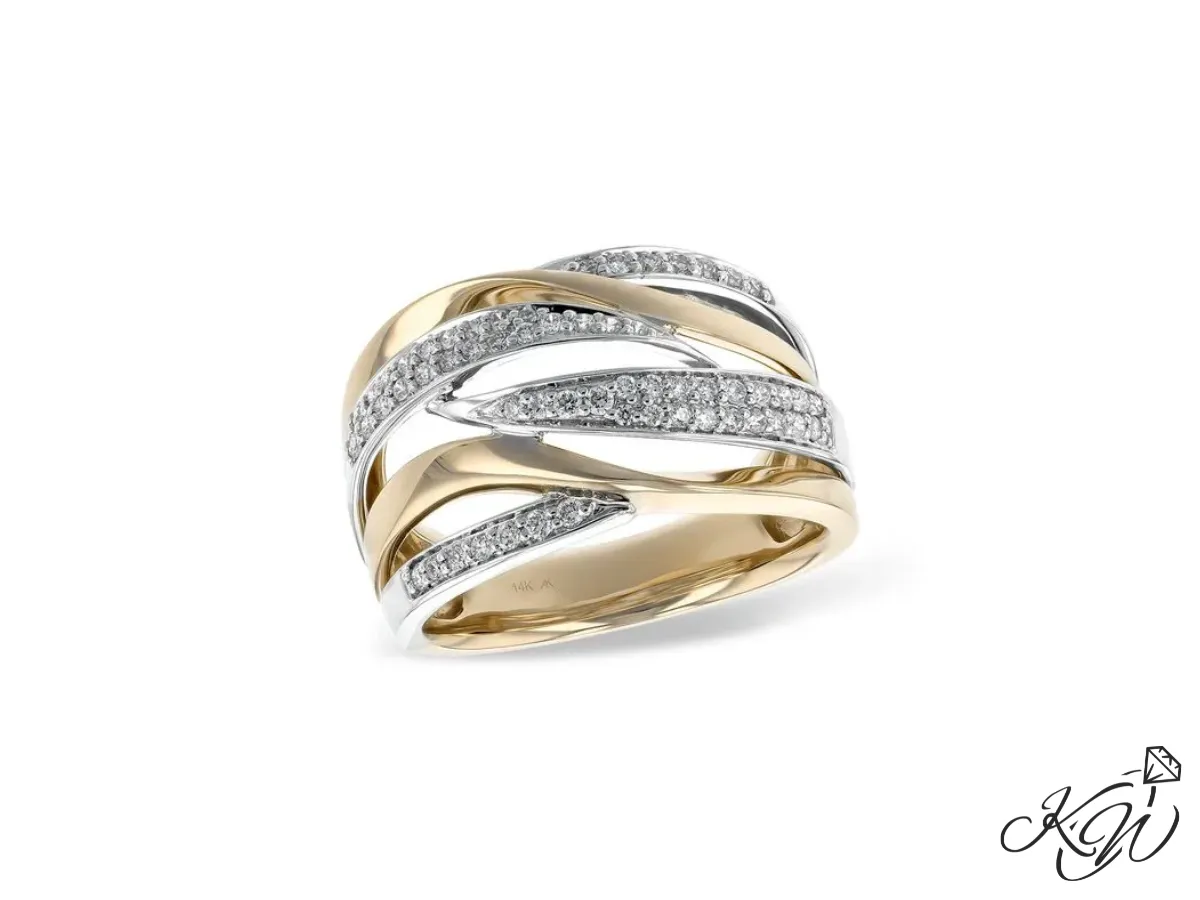 Two-tone gold diamond crossover fashion ring