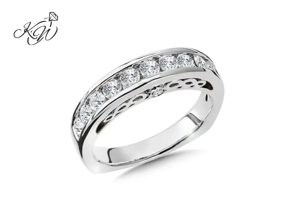 White gold wedding band with channel-set diamonds