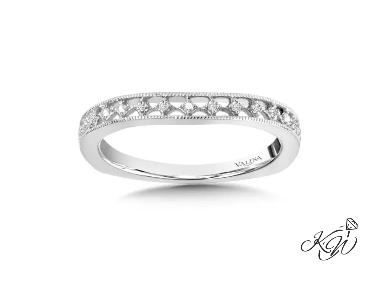 White gold diamond wedding band with filigree design