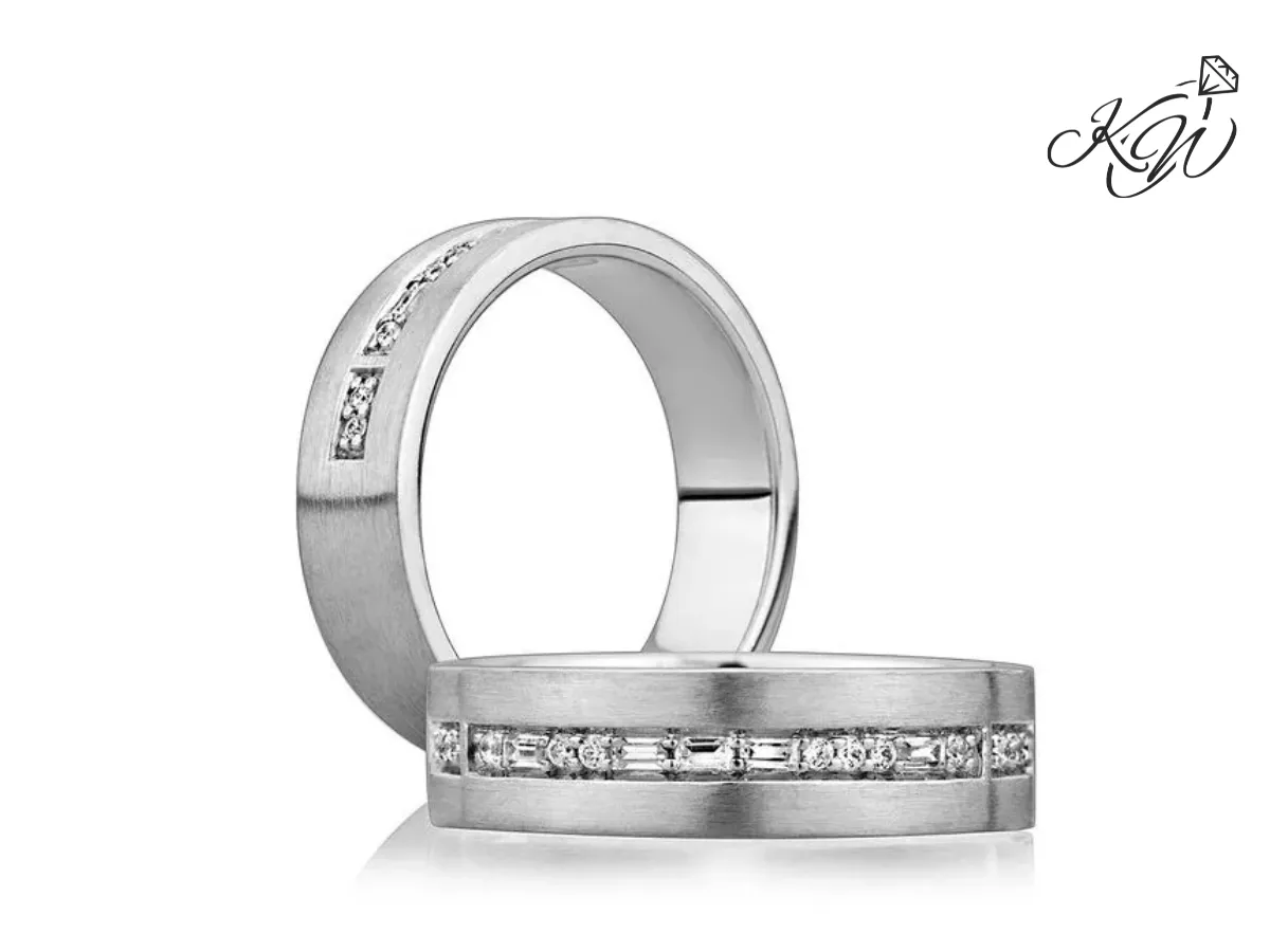 Brushed white gold wedding band with channel diamonds