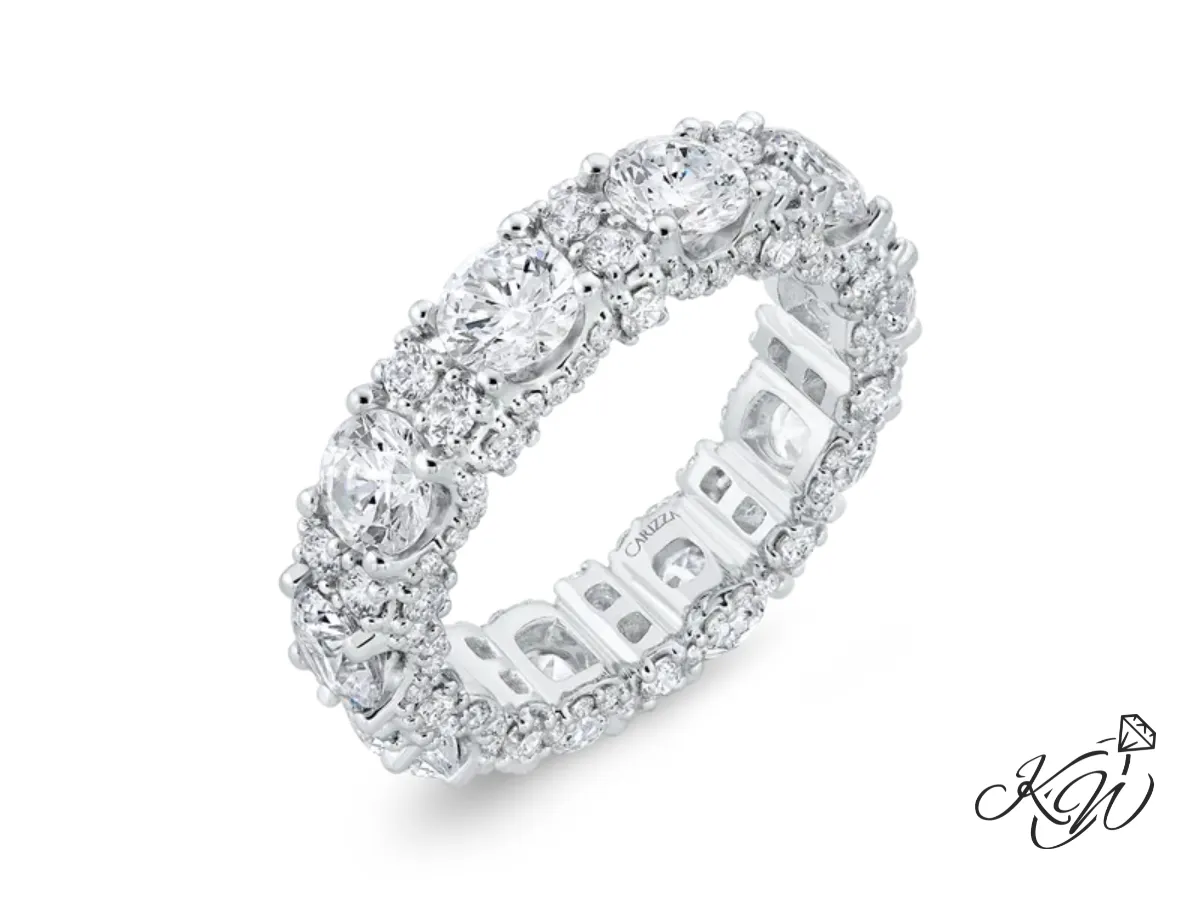 Carizza white gold diamond eternity band with halo details