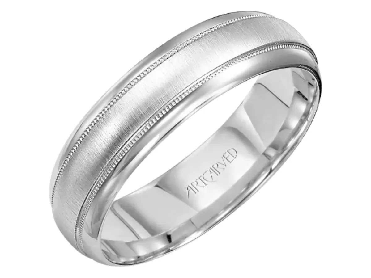 White gold brushed comfort fit wedding band.