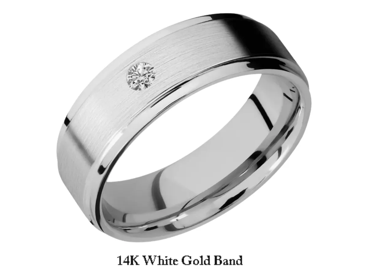 14K white gold brushed diamond wedding band.