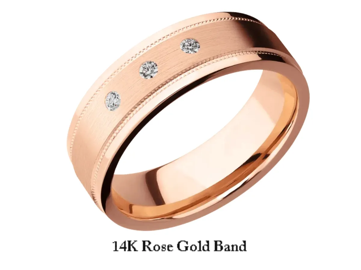 14K rose gold diamond milgrain wedding band.