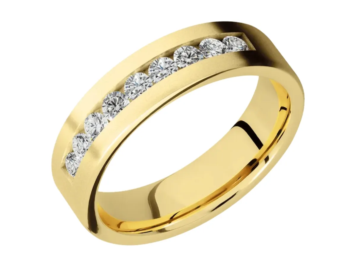 Yellow gold half eternity diamond wedding band.