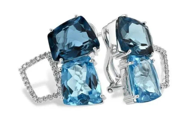 Blue gemstone diamond statement drop earrings