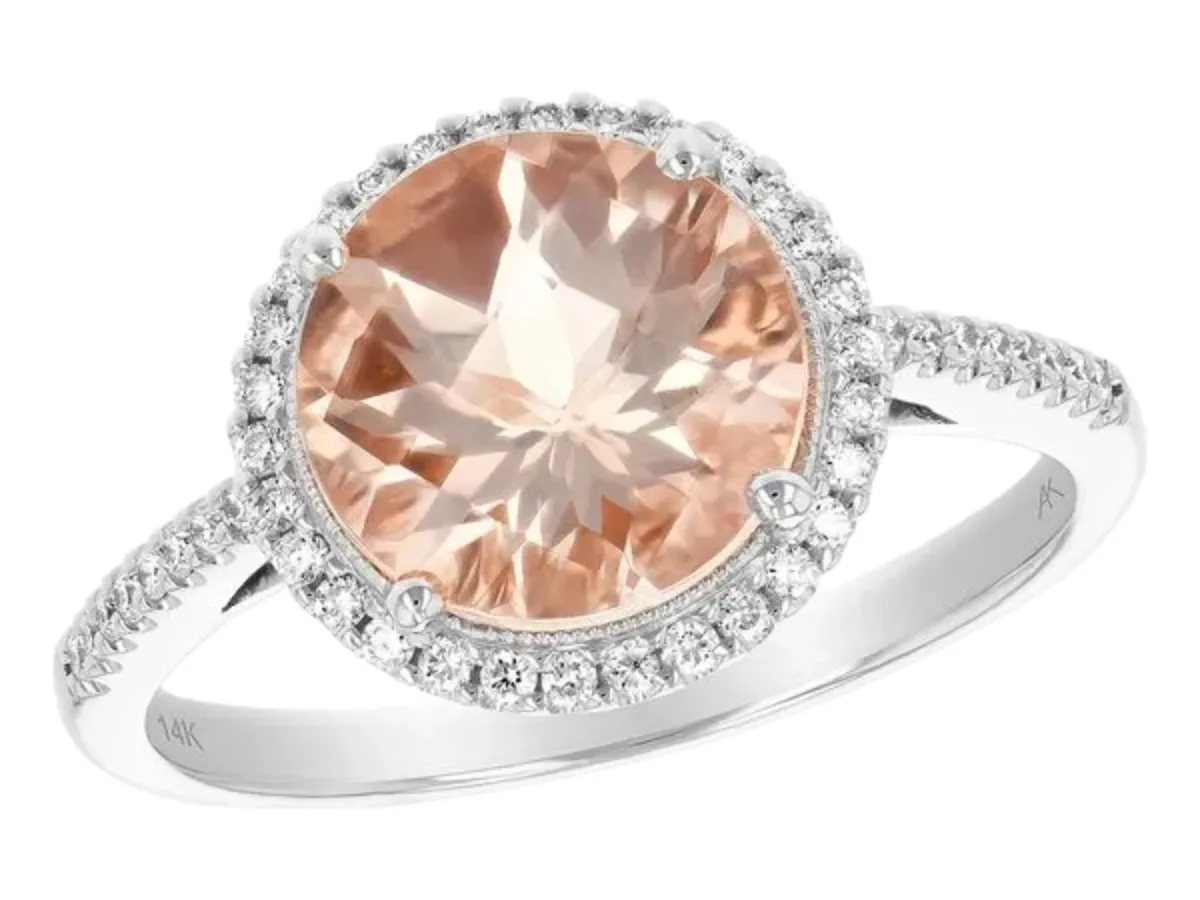 Morganite halo ring with diamonds in white gold band