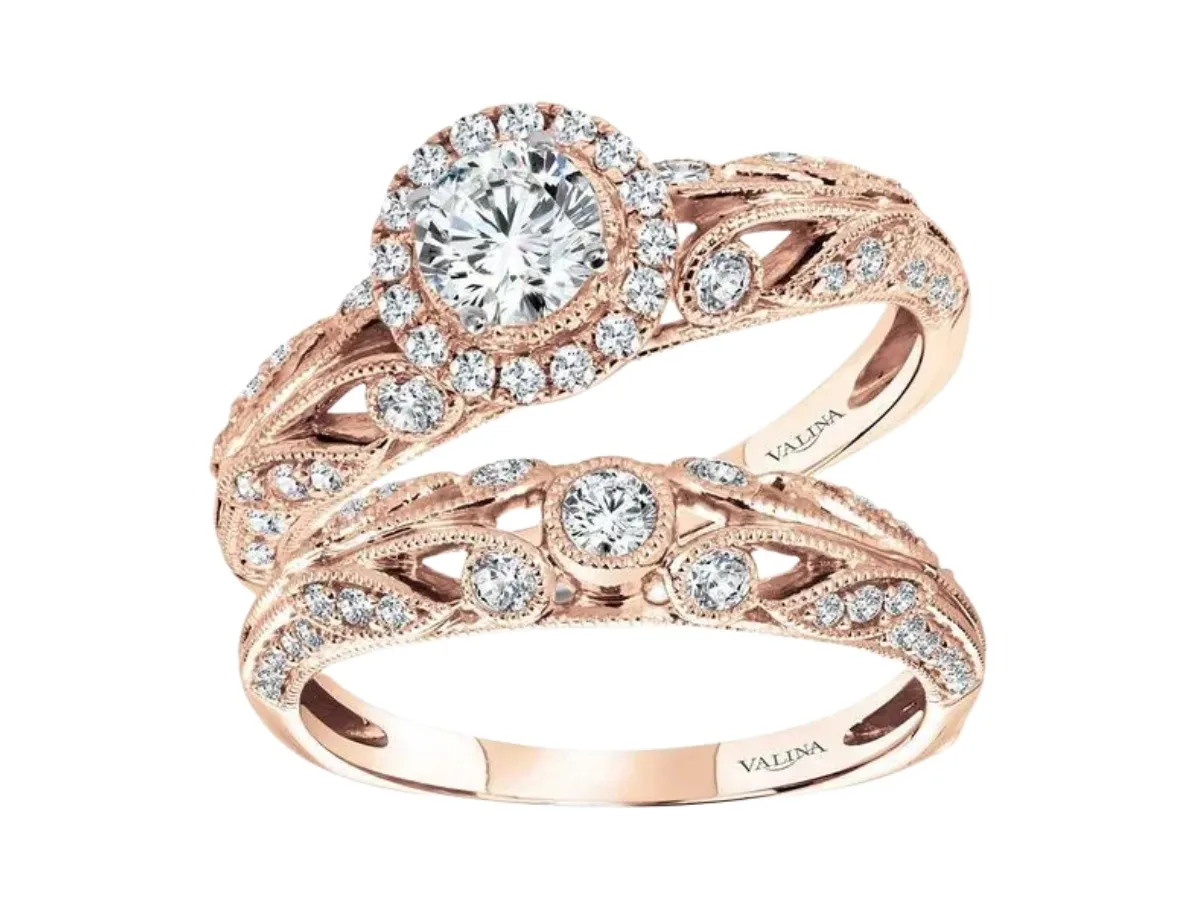 Vintage rose gold halo bridal ring set with diamonds