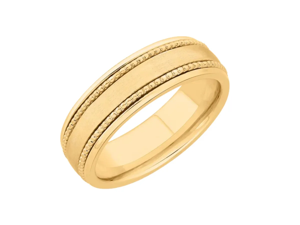 Milgrain yellow gold wedding band with brushed cente