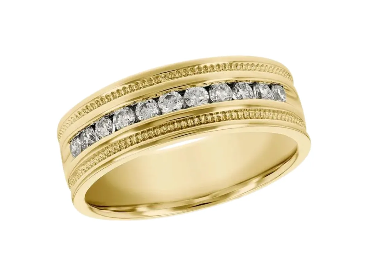 Yellow gold diamond wedding band with milgrain edges