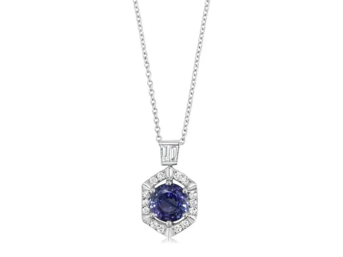 Blue sapphire pendant necklace with diamond halo