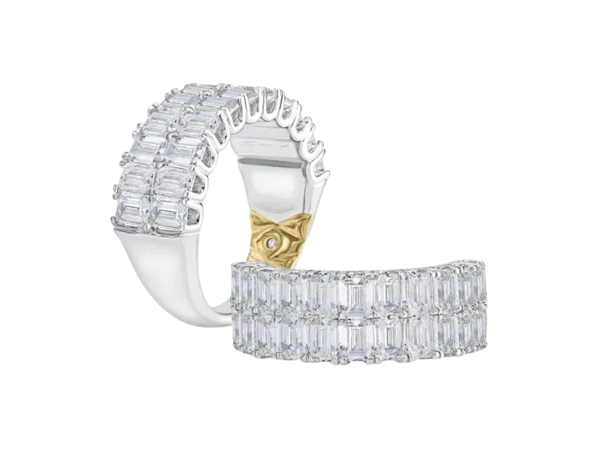 Wide white gold ring with triple row baguette diamonds