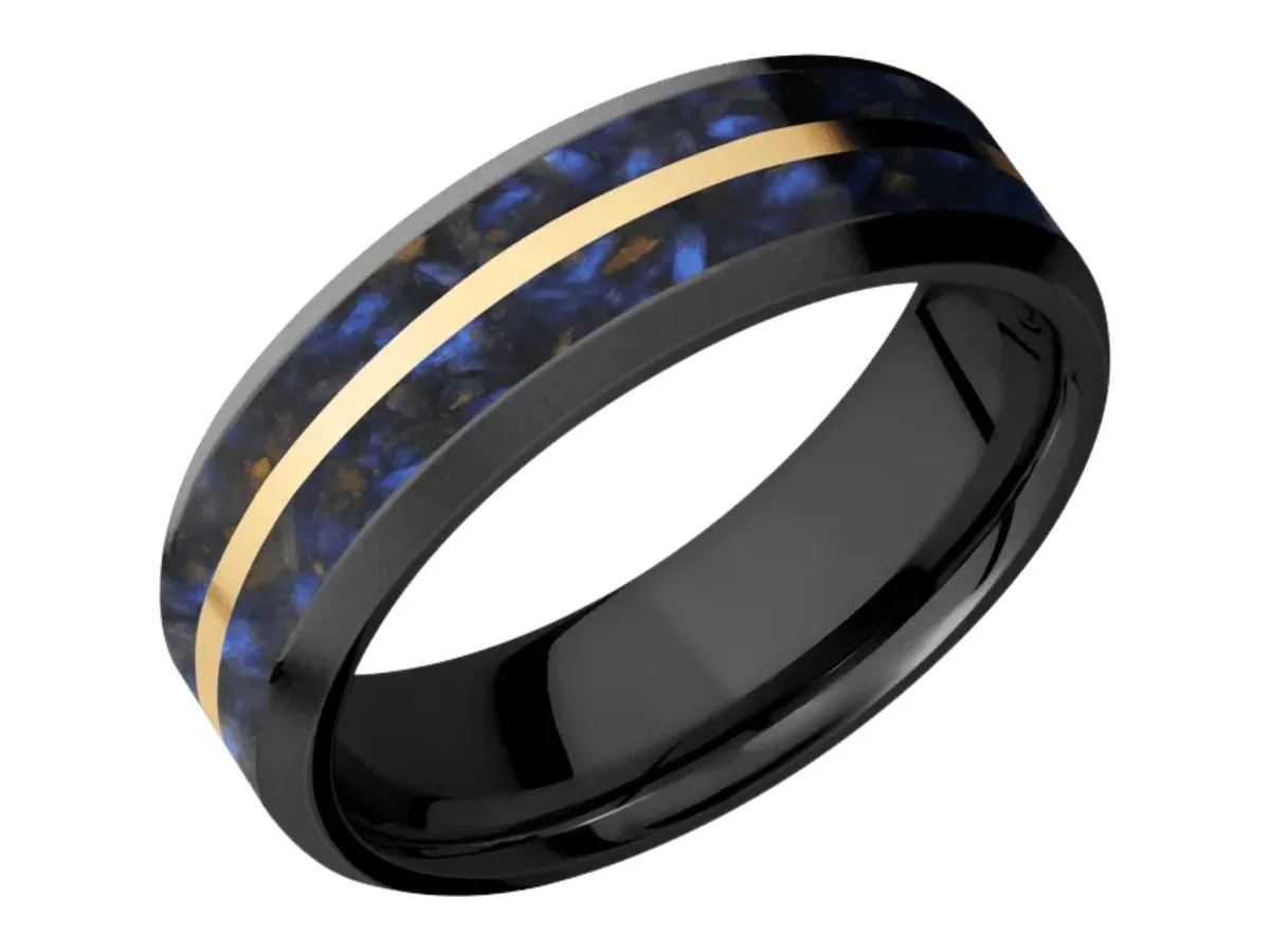 Black ring with blue opal inlay and gold stripe
