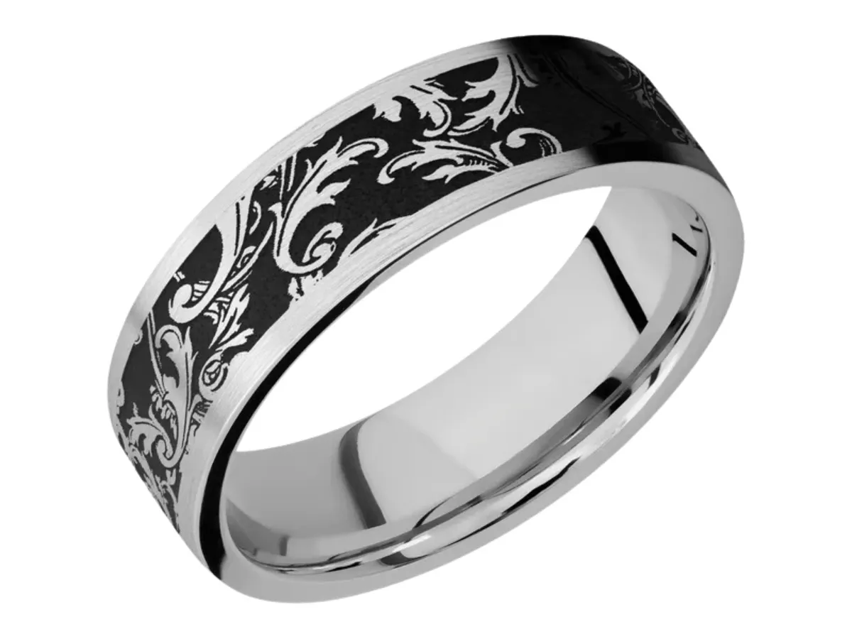 Silver ring with black floral engraved pattern band