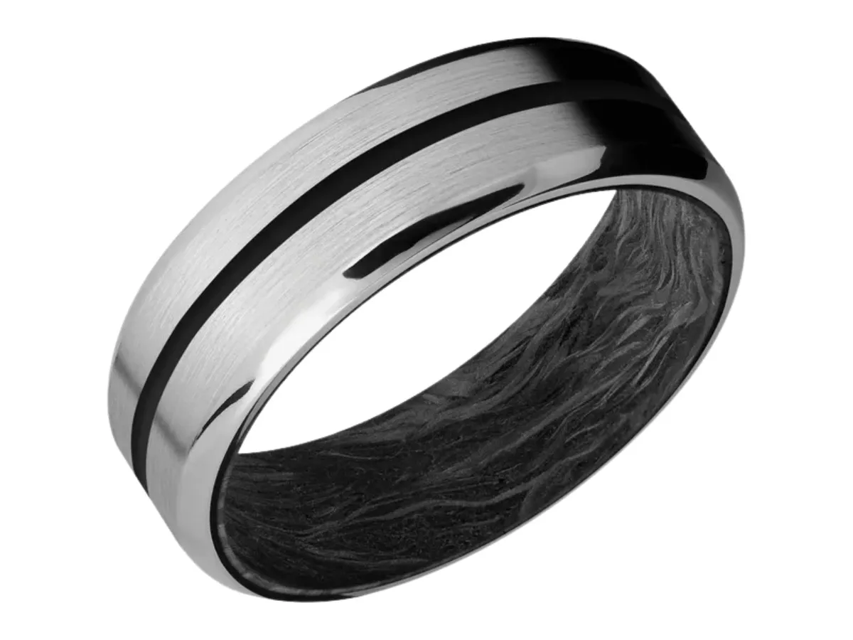 Brushed silver ring with dual black groove accents