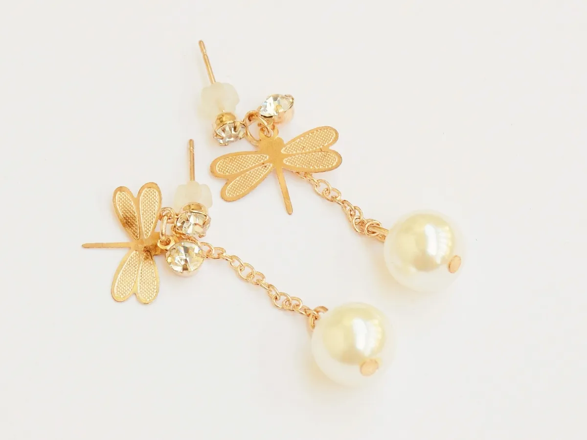 Gold dragonfly pearl drop earrings