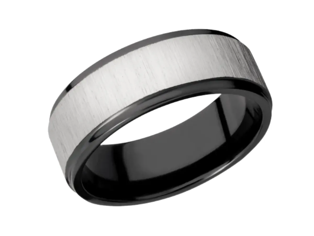 Brushed silver and black tungsten ring