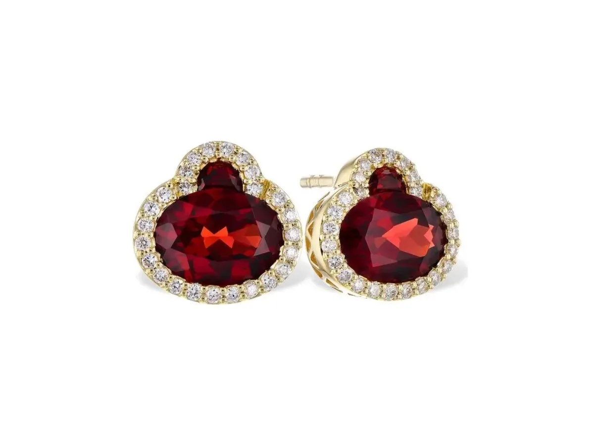 Red gemstone earrings with diamond halo